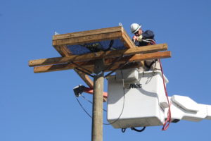 A service operator puts the finishing touches on a new nest platform for the Chesapeake Bay Foundation