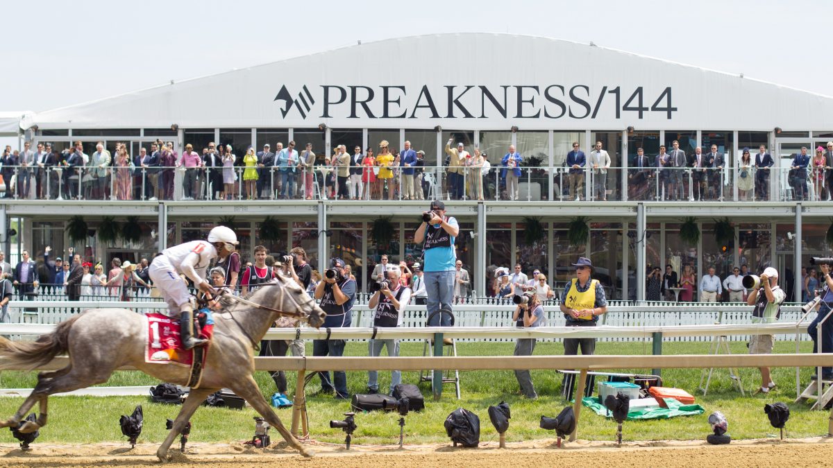 New York Central gallops past the Pimlico infield pavilion after winning the Maryland Sprint Stakes on May 18, 2019.