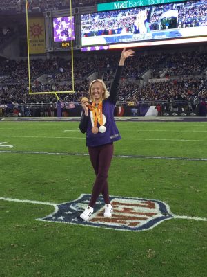 Jessica, wearing her gold, silver and bronze medals from the Rio Paralympics, was honored during a Ravens pregame ceremony in late 2016.