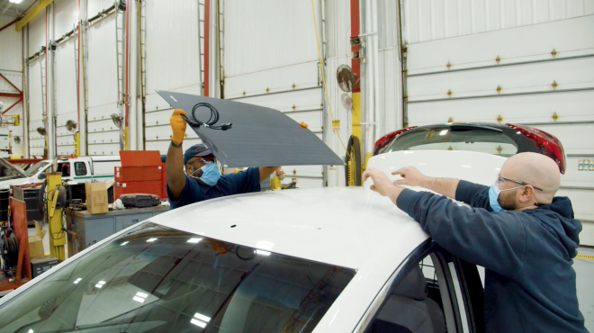 BGE's EV Fleet Technicians install the solar panels in house, extending the Bolt's range by 10 percent