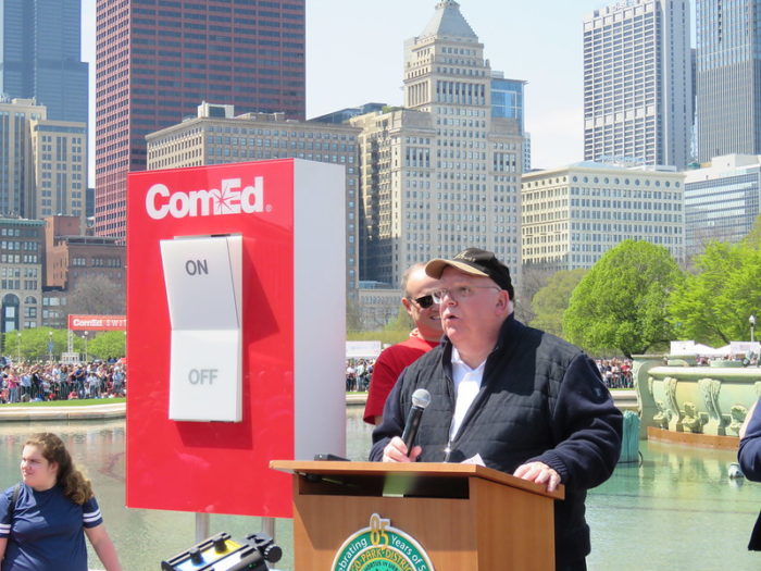 Tom Skilling speaking to a crowd at Switch on Summer