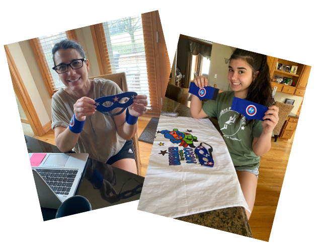 Michele Ptaszek, ComEd’s manager of customer education and marketing, and her daughter, displaying of the superhero masks they created for foster children as part of The Safer at Home Superhero Project for National Volunteer Month.
