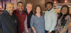 Previous leadership team with Valerie. Left to right: Dorvel Offord, Dir Regional Elec Ops; Bruce Davis, VP Electric & Gas Operations: Mike Martin, VP, Valerie, George Lewis, Ops Coordinator; Anjonai Miller, Exec Admin Coordinator.