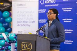 Jayden Mosley speaks to the 2026 graduates of CONSTRUCT and Craft Academy graduates